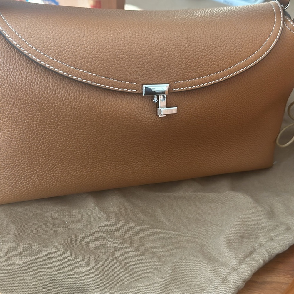 T-Lock top handle tan grain | pebbled leather silver hardware shoulder large NEW
